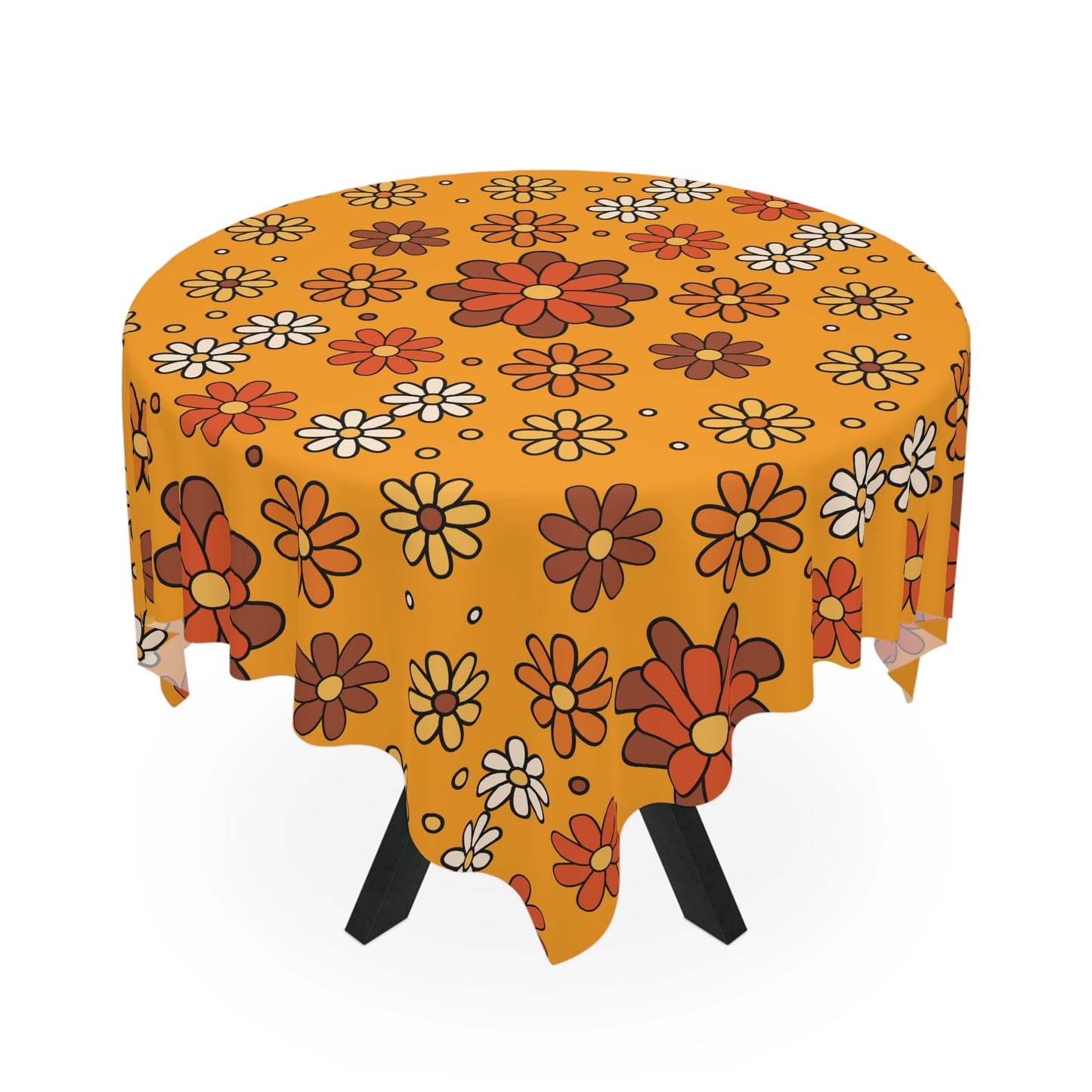 Retro 60s 70s Groovy Mod Daisy Mid Century Modern Brown, Orange & Mustard Tablecloth