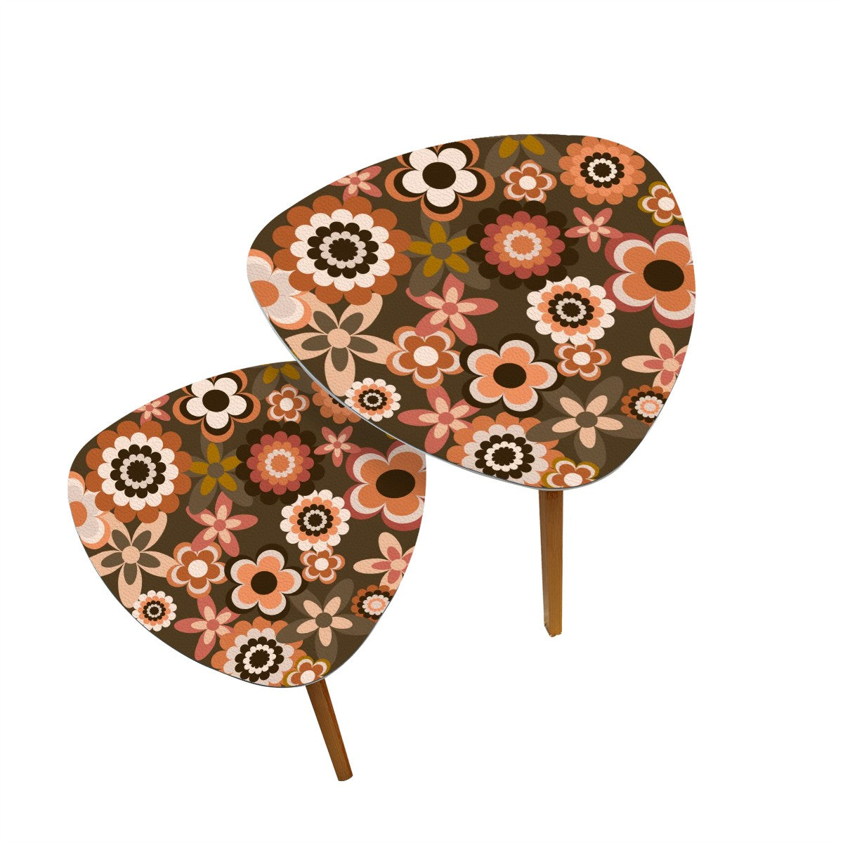 Retro 60s 70s Groovy Flowers Boho MCM Brown Nesting Accent Tables
