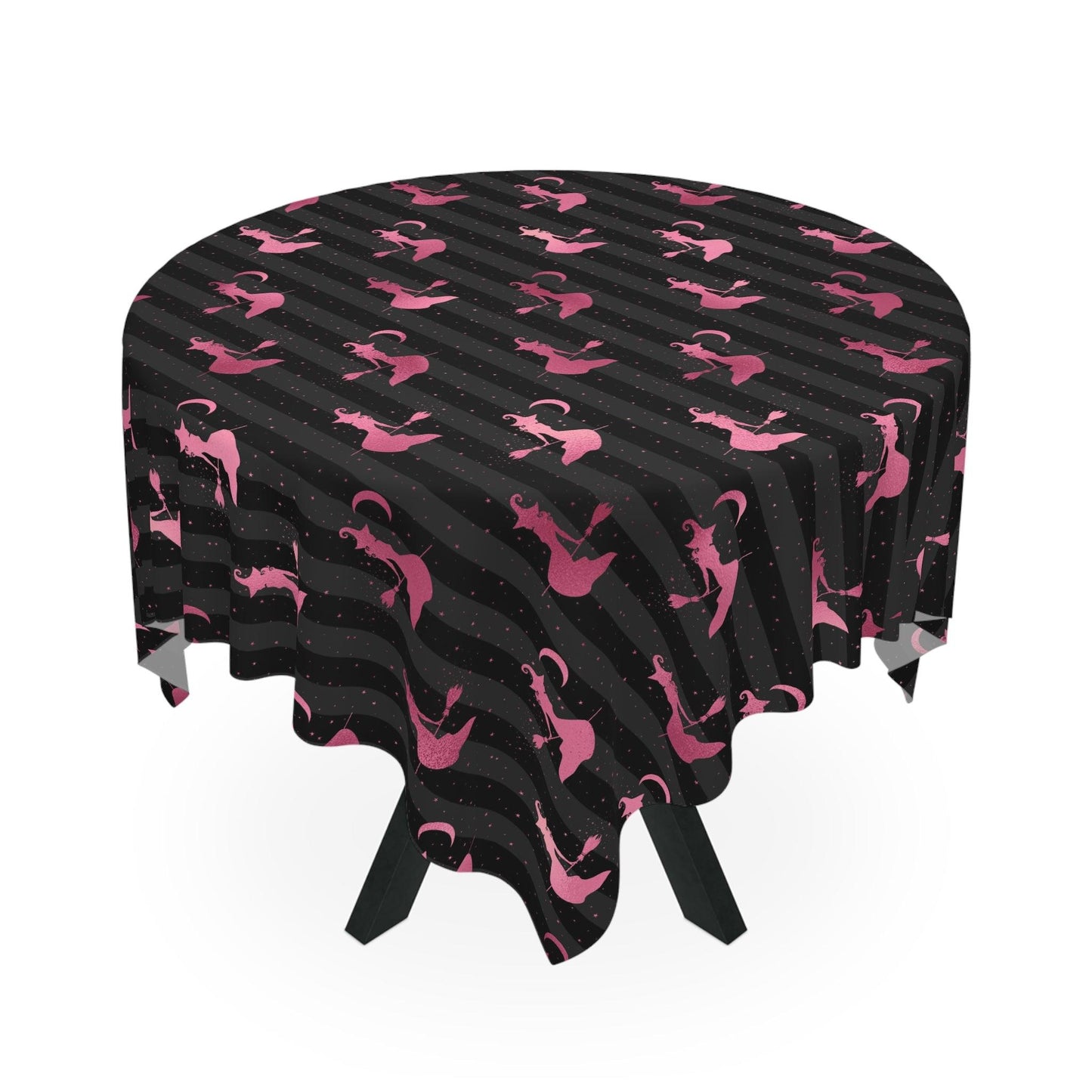 Flying Witch Silhouette Glam Goth Halloween Pink and Black Tablecloth | lovevisionkarma.com
