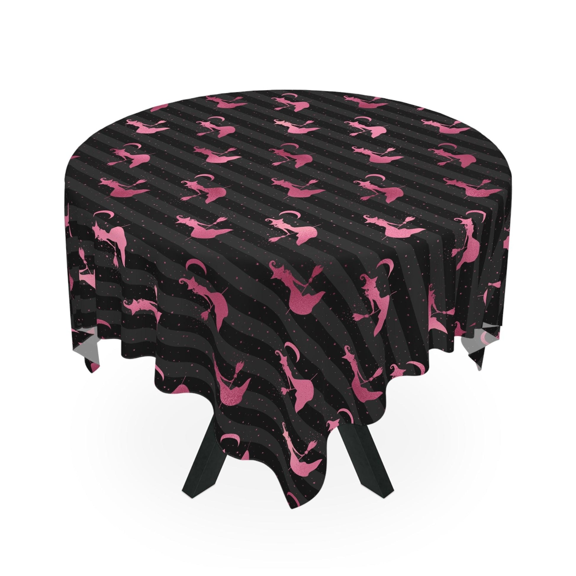 Flying Witch Silhouette Glam Goth Halloween Pink and Black Tablecloth | lovevisionkarma.com