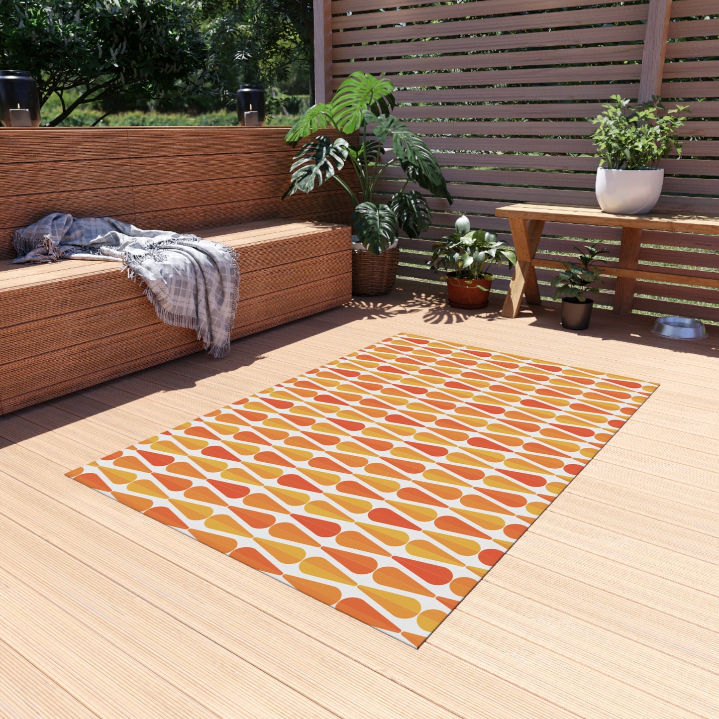 Retro 60s 70s Mid Century Modern Geometric Orange and Yellow Anti-Slip Indoor/Outdoor Accent Rug