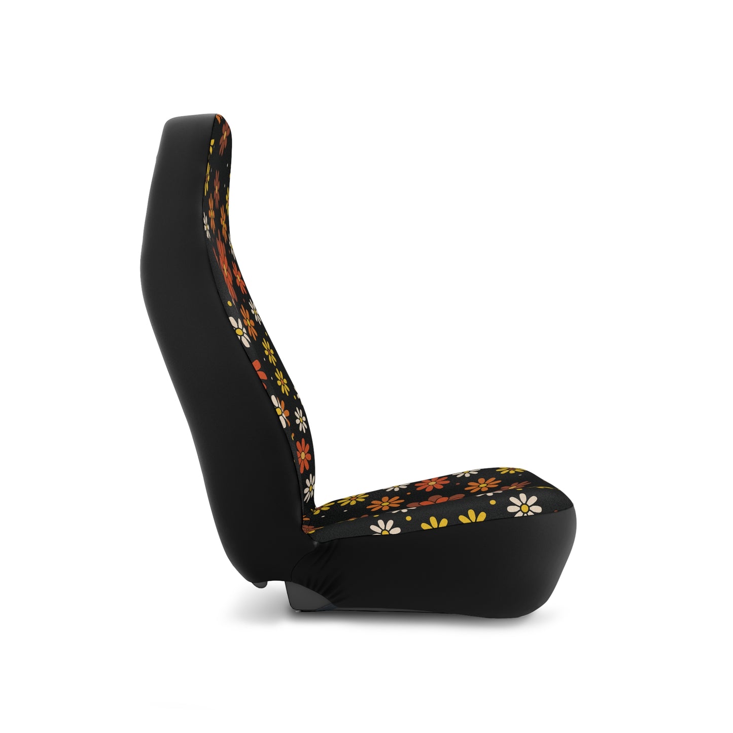 Retro 60s 70s Groovy Mod Daisy Floral Mid Century Black, Brown & Orange Car Seat Covers