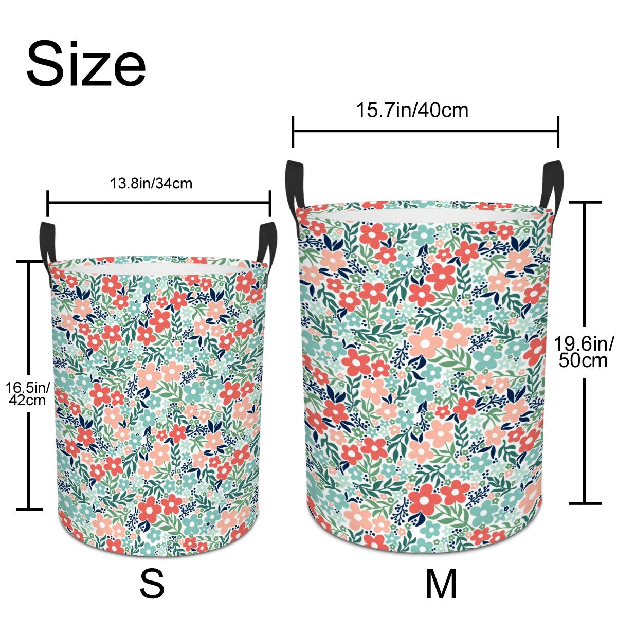 Retro Minimalist Scandi Flowers Cottagecore MCM Vintage Inspired, Coral & Teal Round Laundry Hamper