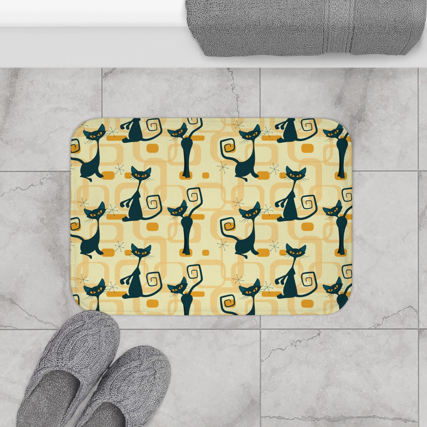 Retro Atomic Cat Mid Century Mod Yellow Bath Mat