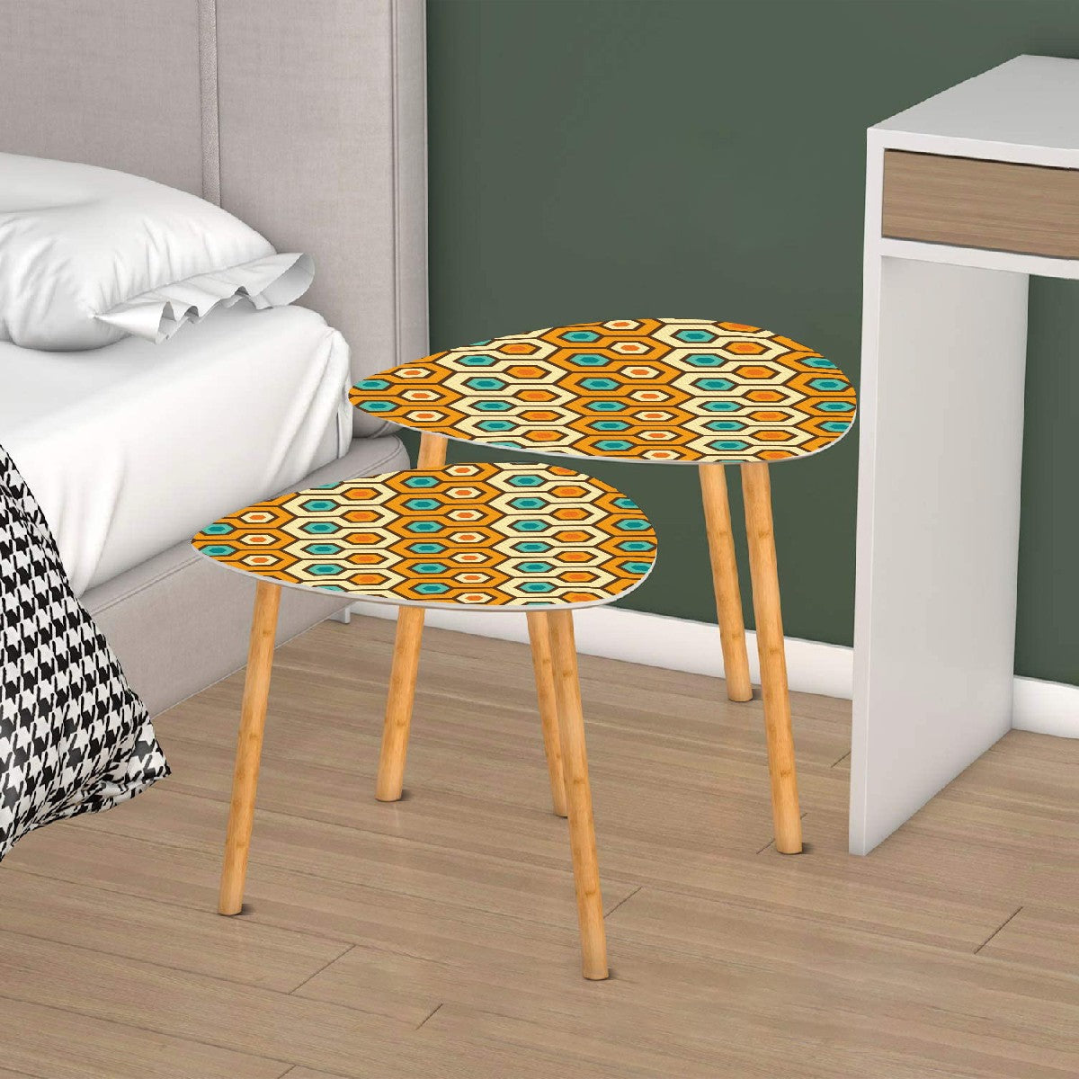 Retro 60s 70s Geometric Hexagon Mid Century Mod Orange & Teal Nesting Accent Tables