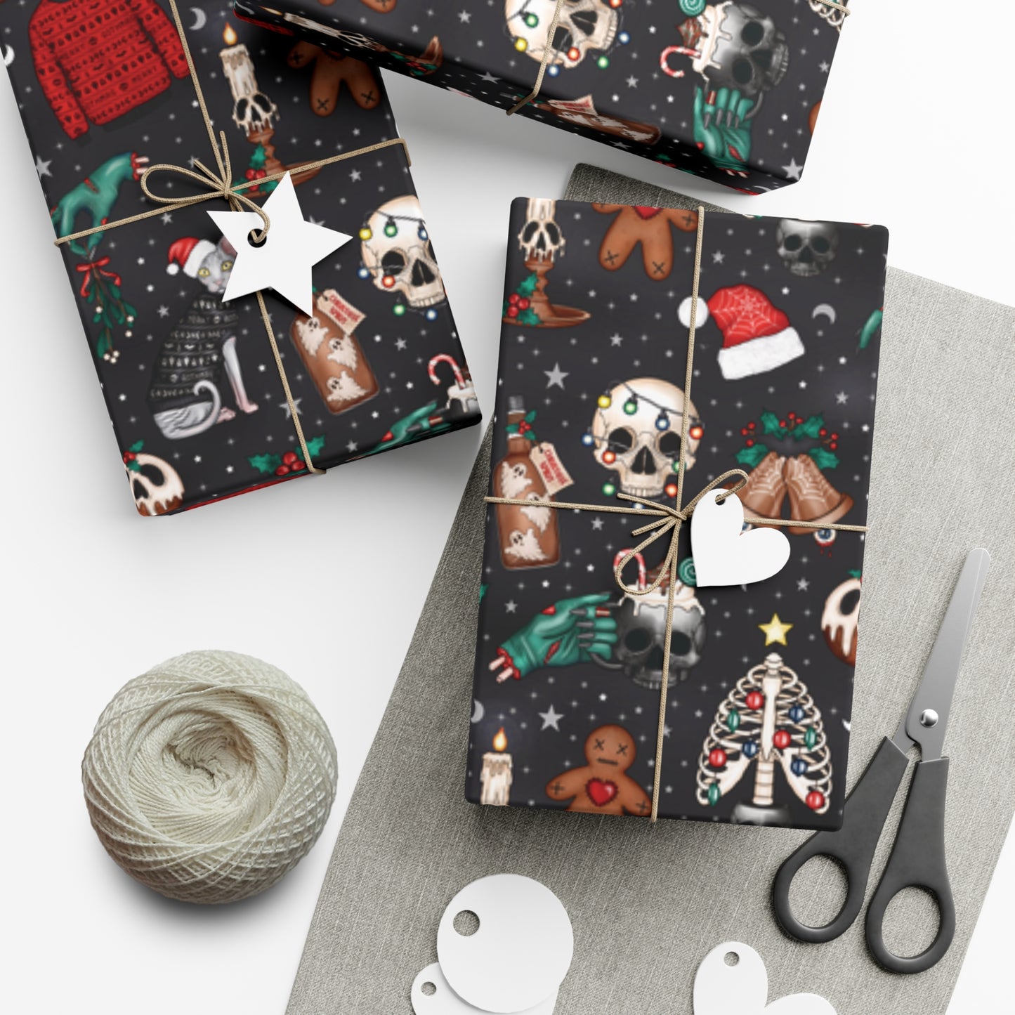 Kitschy Kawaii Goth Christmas, Creepy Cute Whimsigoth Creepmas Black Eco-Friendly Gift Wrap Paper