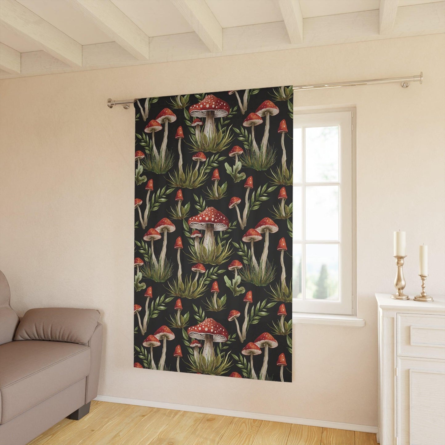 Amanita Muscaria Mushroom, Dark Cottagecore Watercolor Black, Red & Green Blackout Curtain Panel | lovevisionkarma.com