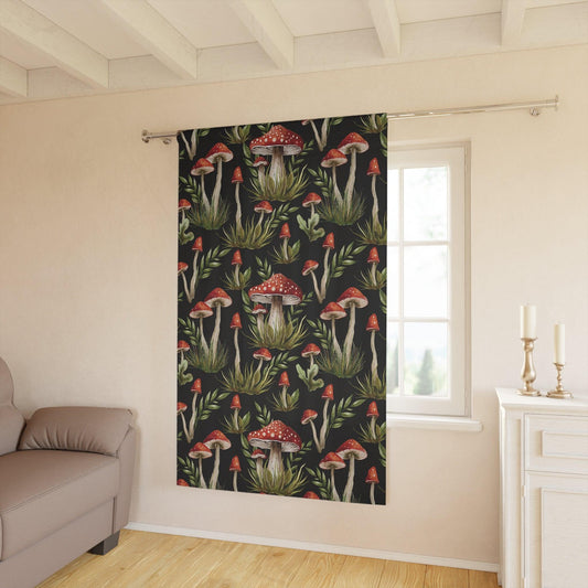 Amanita Muscaria Mushroom, Dark Cottagecore Watercolor Black, Red & Green Blackout Curtain Panel | lovevisionkarma.com