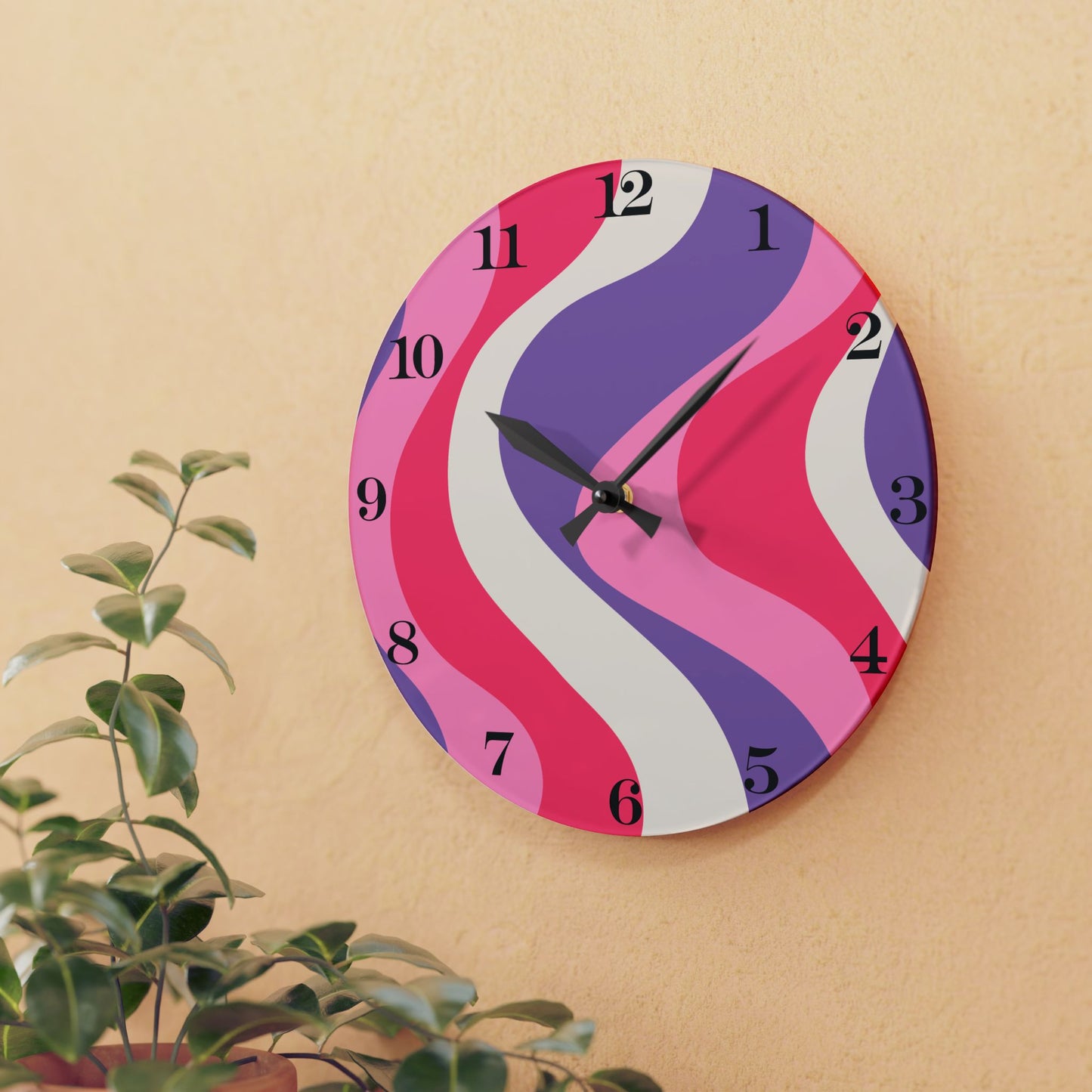 Groovy 60's Hippie Swirl Pink & Purple Mid Century Mod Acrylic Wall Clock