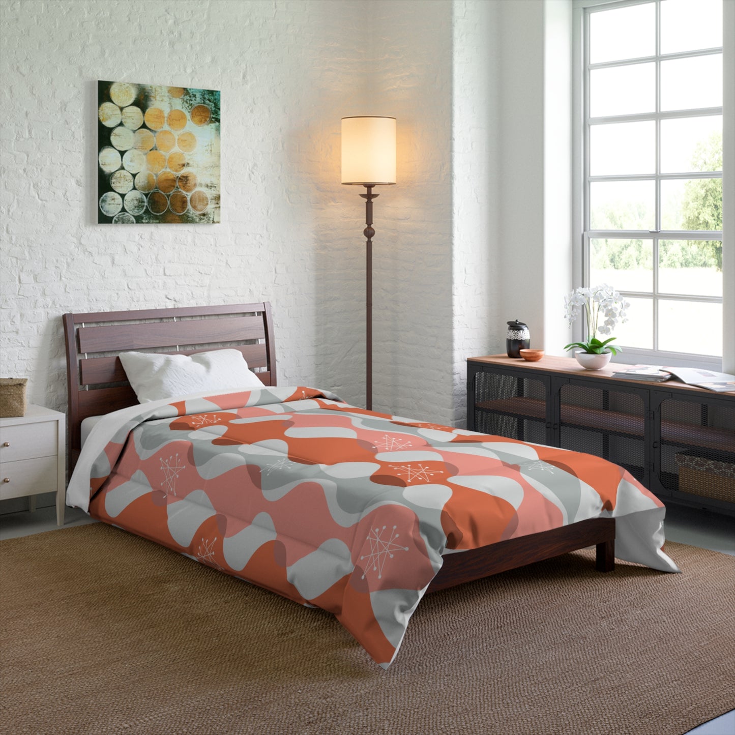 Retro 50's Mid Century Mod Atomic Starbursts & Waves Pink Comforter