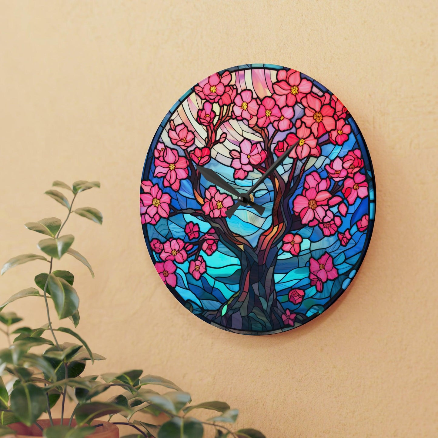 Cherry Blossom Tree Stained Glass Inspired, Sakura Pink & Blue Acrylic Wall Clock | lovevisionkarma.com