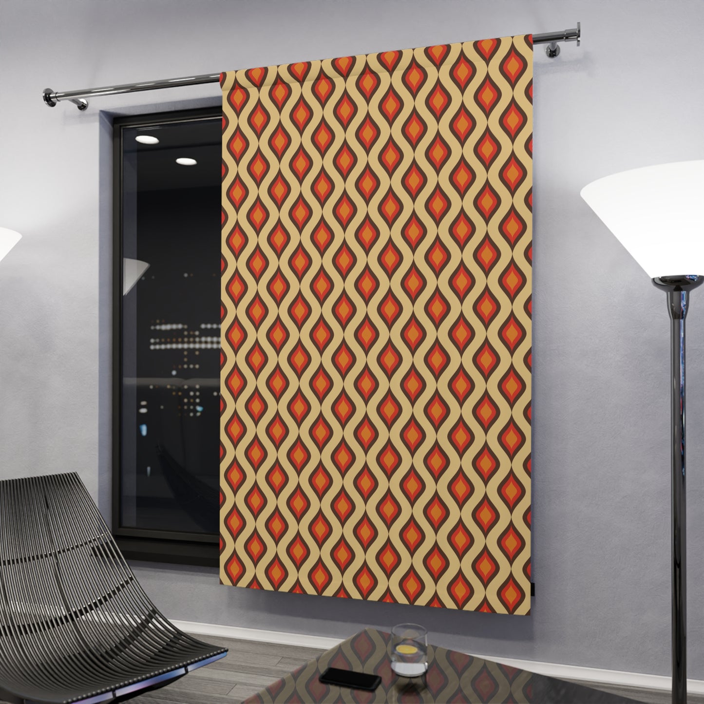 Retro 60s 70s Mid Century Mod Funky Geometric Mustard, Orange & Brown Blackout Window Curtain