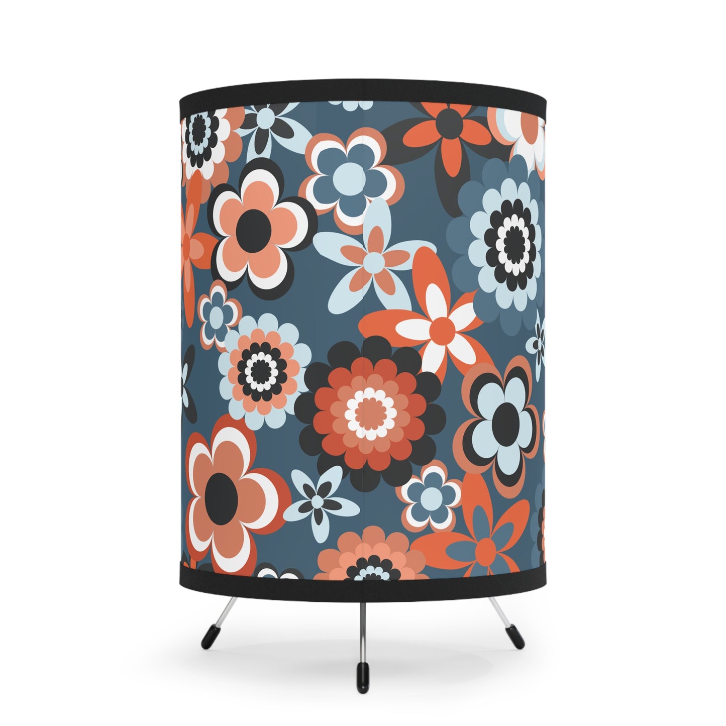 Retro 60s 70s Groovy Flowers Mid Century Mod Coral & Blue Tripod Accent Lamp