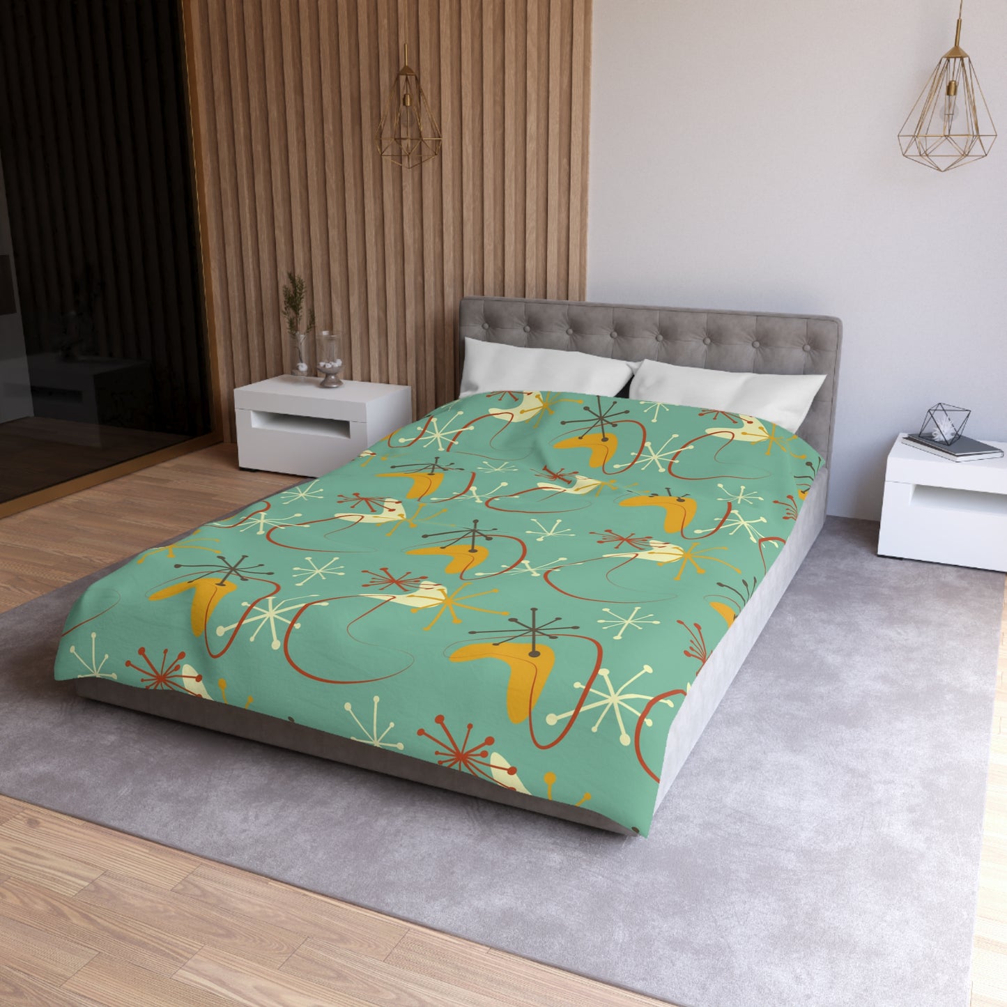 Retro Atomic Starburst & Boomerang Mid Century Blue & Mustard Duvet Cover
