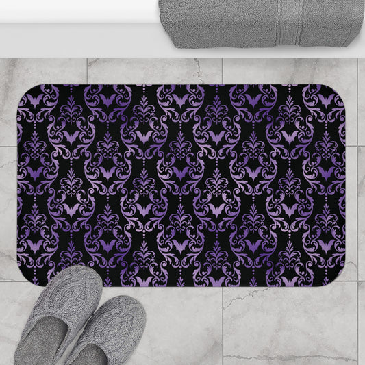 Dark Academia Damask Bat, Victorian Goth Inspired Purple & Black Glam Goth Bath Mat