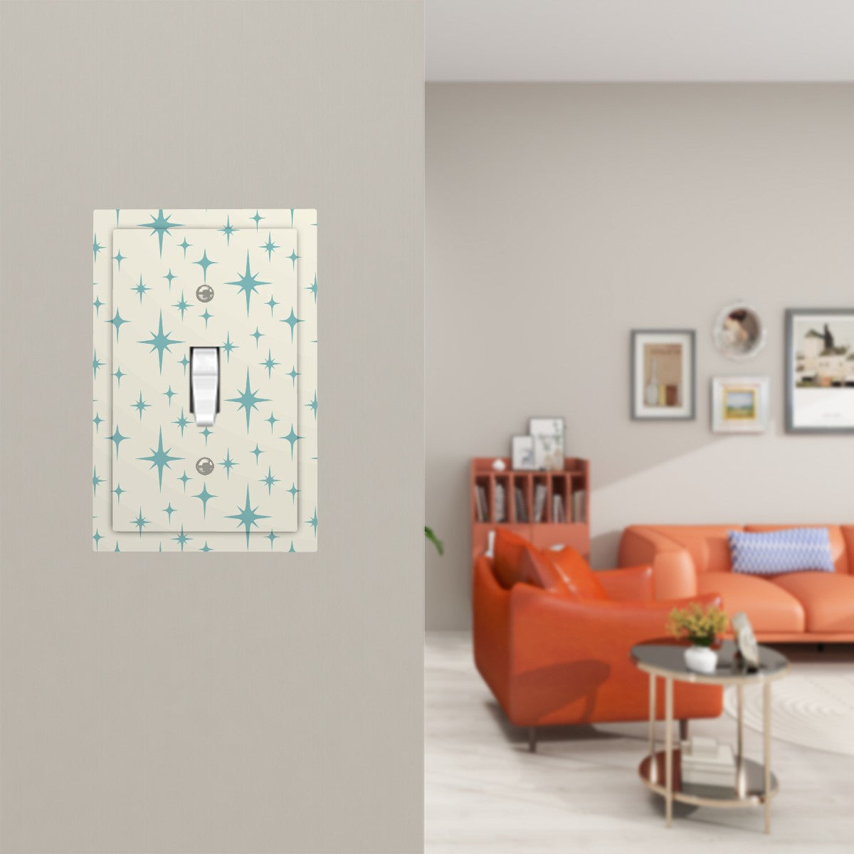 Retro 50s Atomic Starburst Mid Century Mod Blue and Off-White Single Toggle Light Switch Cover (1-Gang Wall Plate)