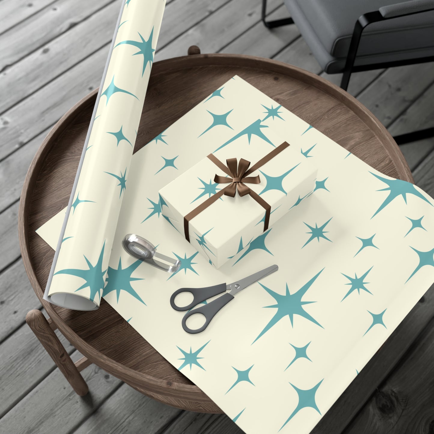 Large Starburst Version of Retro Atomic Starburst MCM Off-White & Blue Gift Wrapping Paper