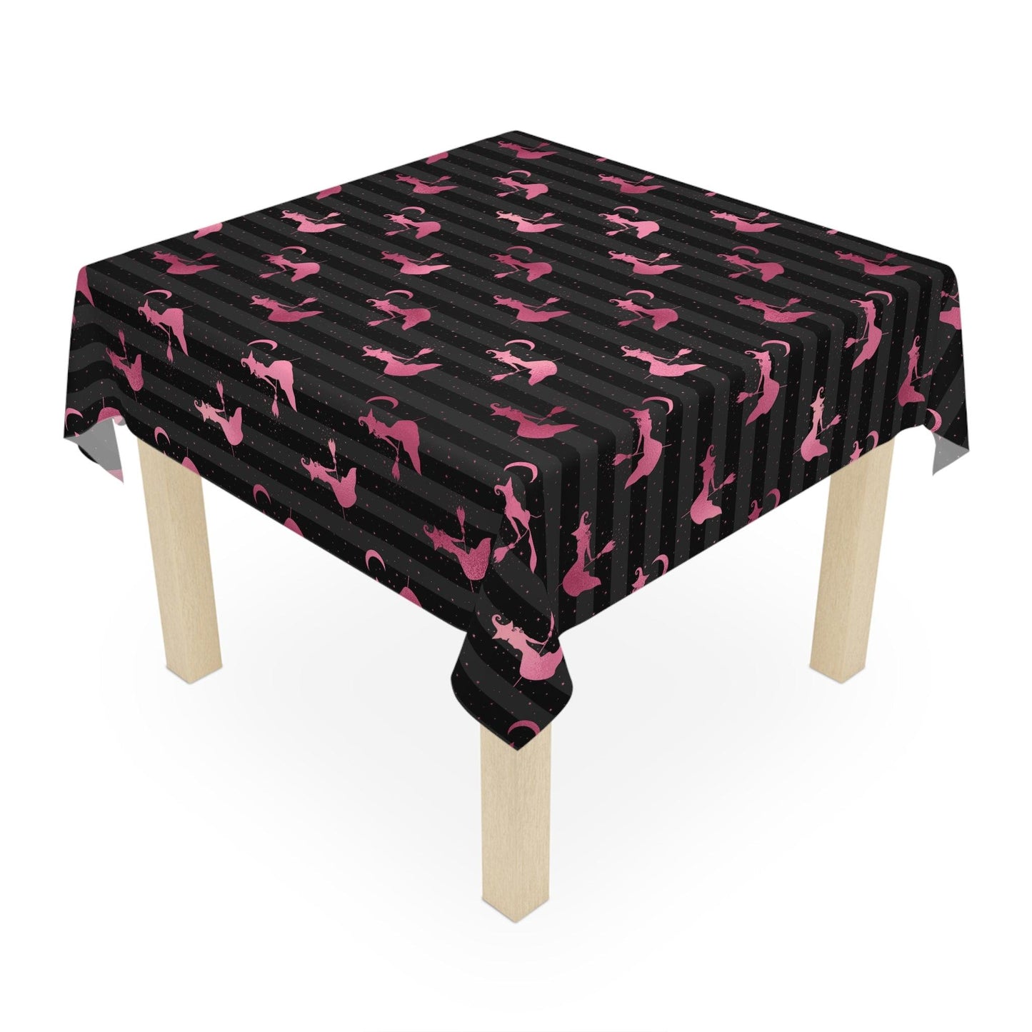 Flying Witch Silhouette Glam Goth Halloween Pink and Black Tablecloth | lovevisionkarma.com