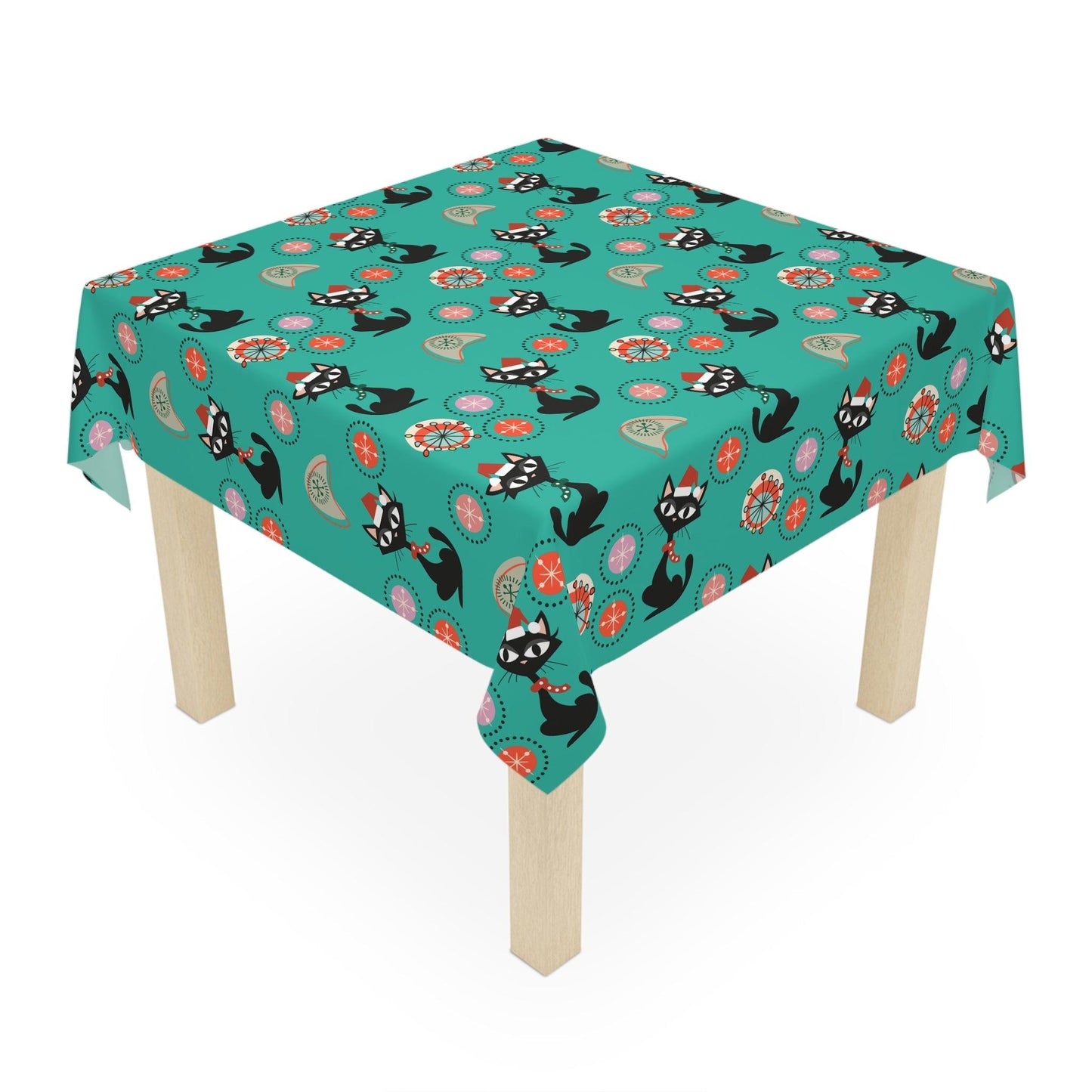 Retro Atomic Cat 1950s Christmas Mid Century Mod Teal Blue Tablecloth | lovevisionkarma.com