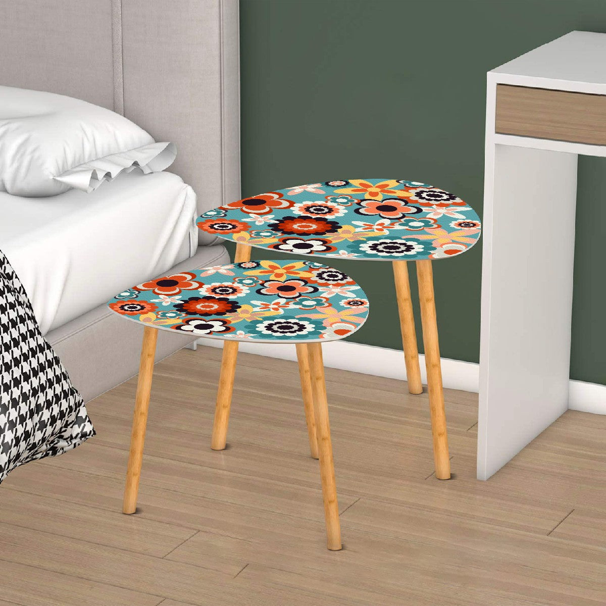 Retro 60s 70s Groovy Flowers Boho MCM Blue, Coral & Yellow Nesting Accent Tables