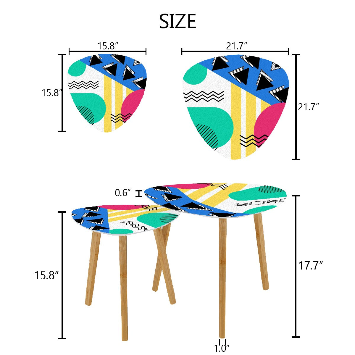 Retro 80's 90's Memphis Inspired Geometric, Kitschy, Throwback Aesthetic Colorful Nesting Accent Tables