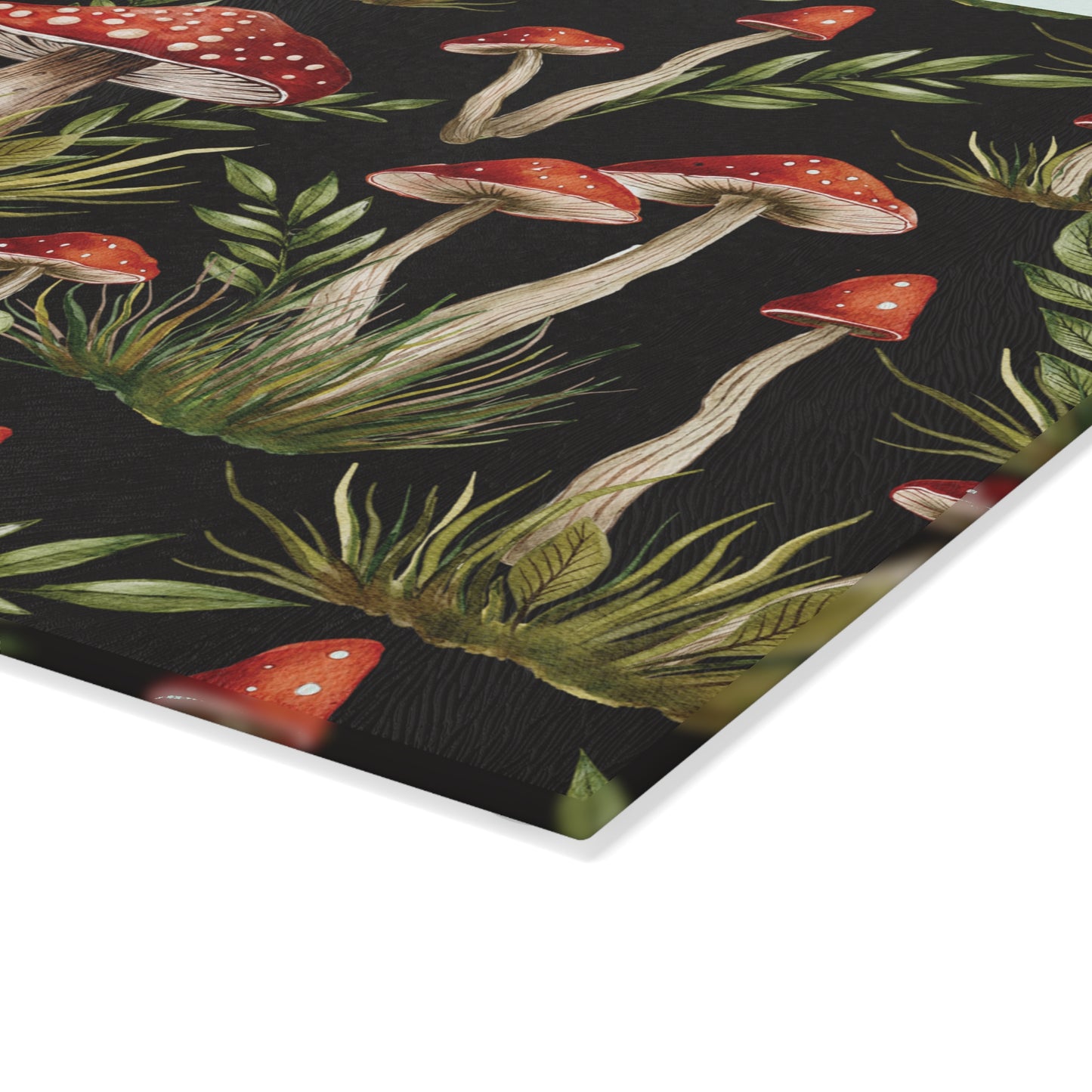Amanita Muscaria Mushroom, Boho Dark Cottagecore Watercolor Black, Red & Green Glass Cutting Board