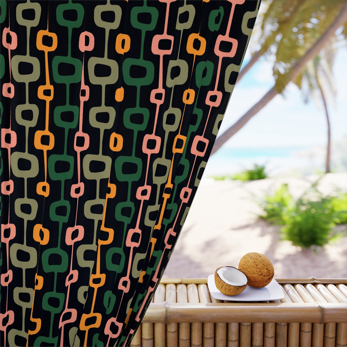 Retro Mid Century Mod Abstract Black, Green & Mustard Blackout Window Curtain