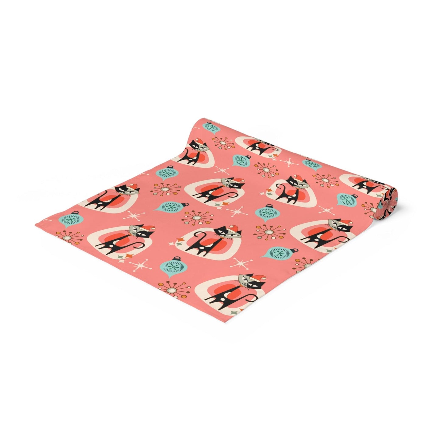 Retro Atomic 1950s Christmas Cats Mid Century Coral Pink Christmas Table Runner | lovevisionkarma.com