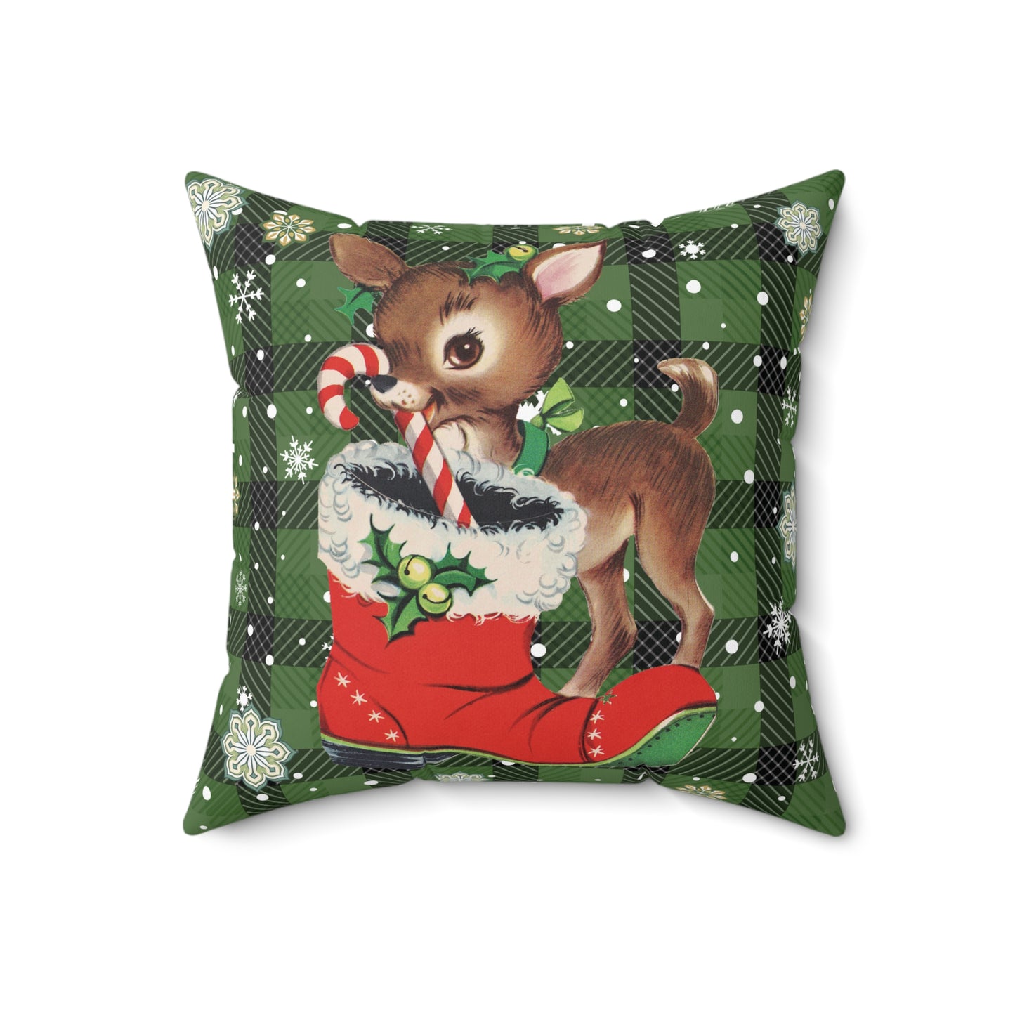 Retro 50s Christmas Vintage Reindeer MCM Green Throw Pillow