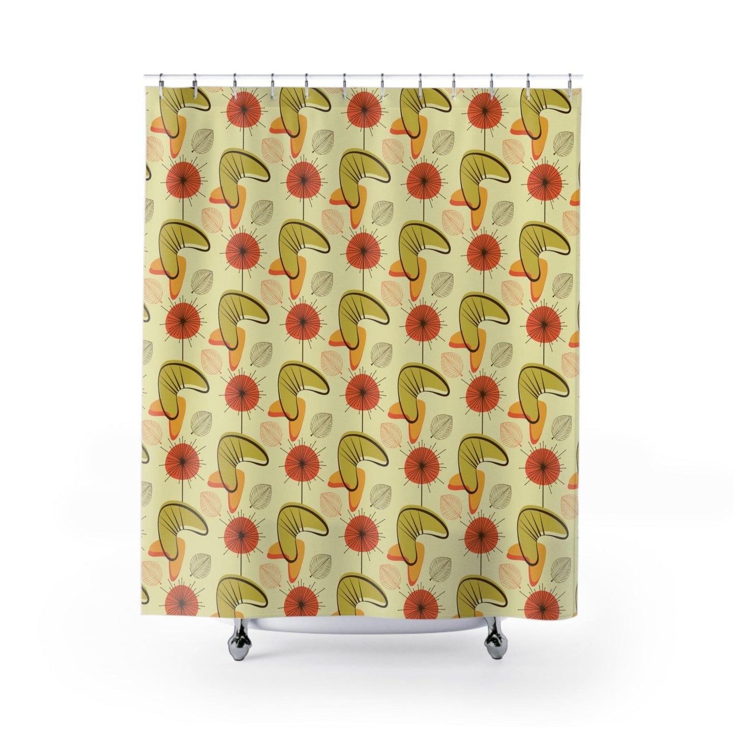 Retro Atomic Boomerangs & Leaves MCM Orange, Green & Yellow Shower Curtain | lovevisionkarma.com