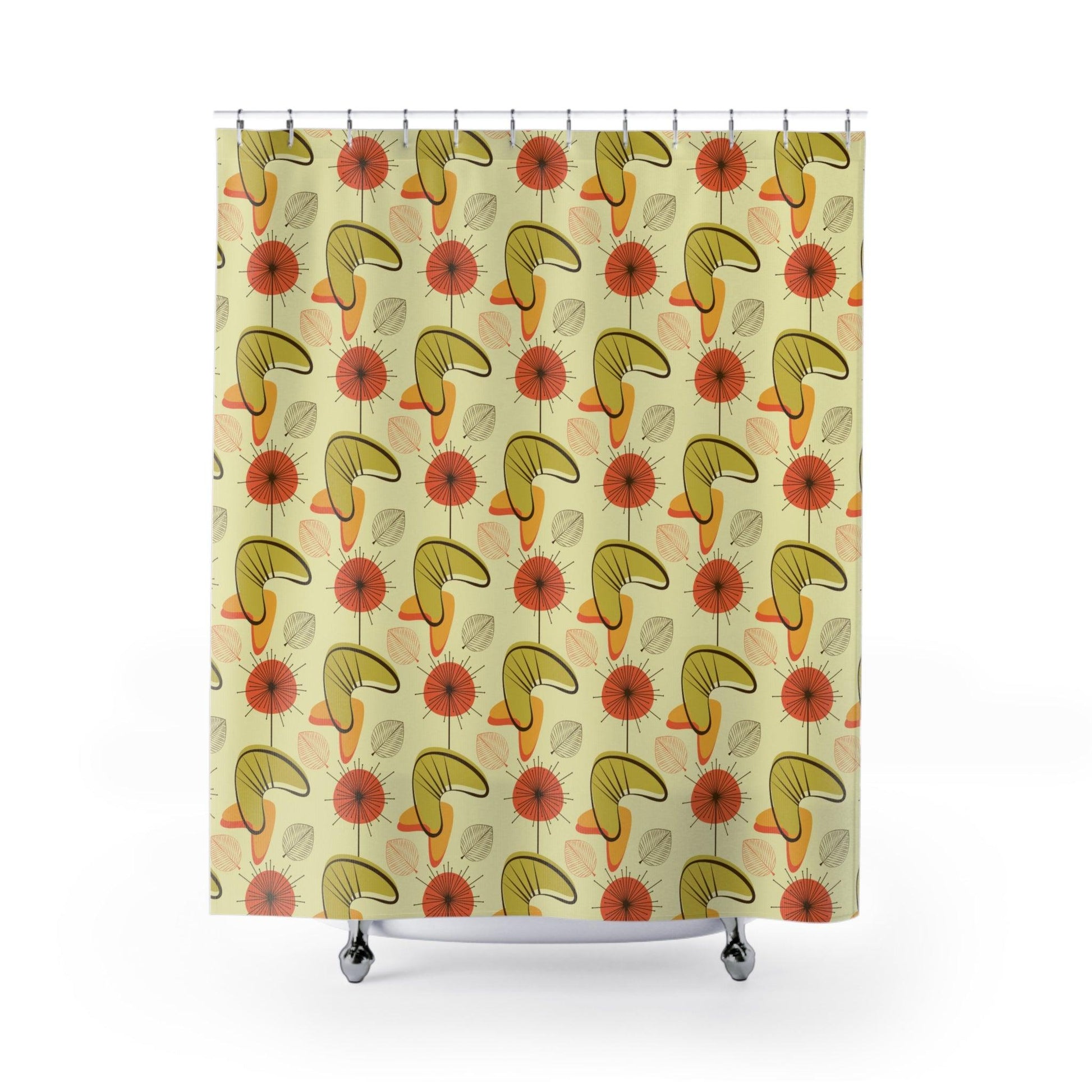 Retro Atomic Boomerangs & Leaves MCM Orange, Green & Yellow Shower Curtain | lovevisionkarma.com