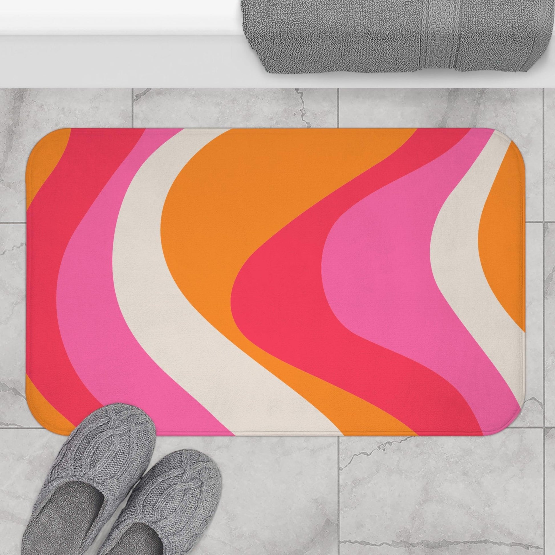 Retro 60s Groovy Hippie Swirl MCM Pink & Orange Bath Mat | lovevisionkarma.com