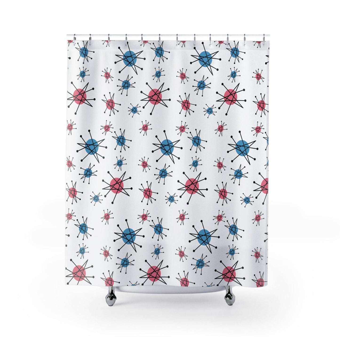 Retro 50s Starburst Mid Century Mod Franciscan Inspired Pink & Blue Shower Curtain | lovevisionkarma.com