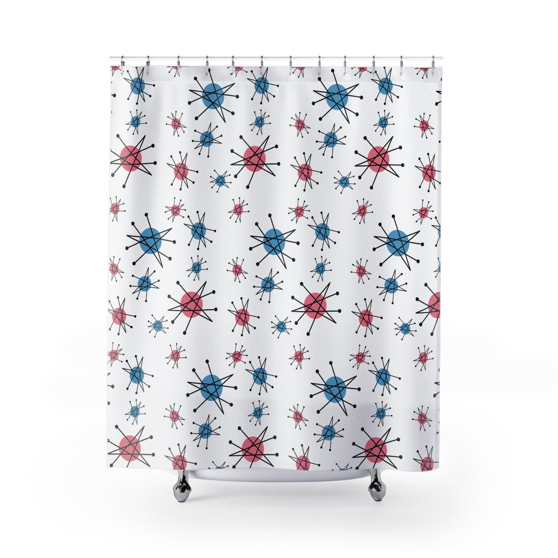 Retro 50s Starburst Mid Century Mod Franciscan Inspired Pink & Blue Shower Curtain | lovevisionkarma.com