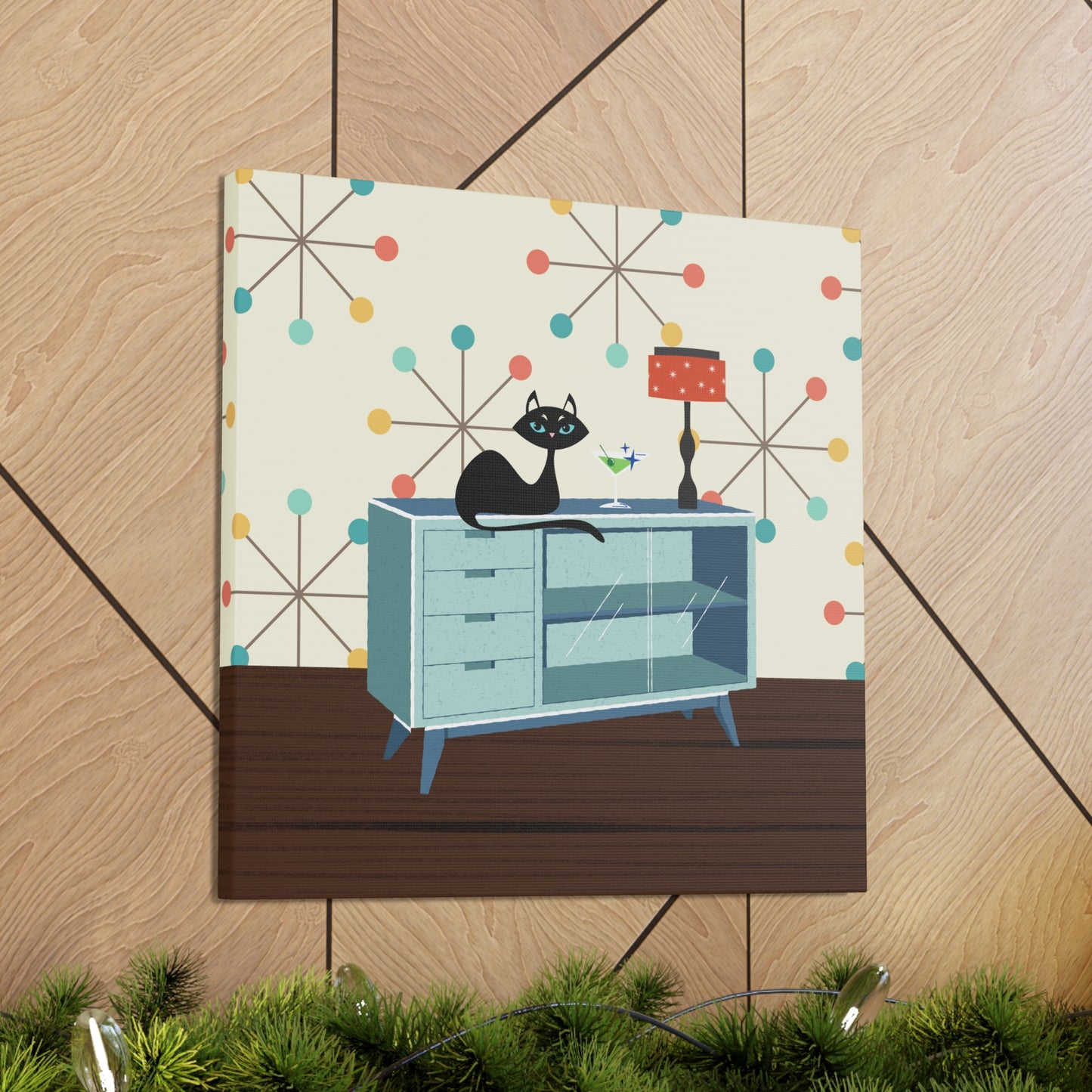 Retro 50s Atomic Cat Lounging Mid Century Mod Multicolor Canvas Gallery Wrap