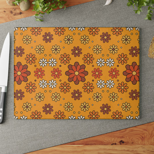 Retro 60s 70s Groovy Mod Daisy Floral Mid Century Orange & Brown Glass Cutting Board