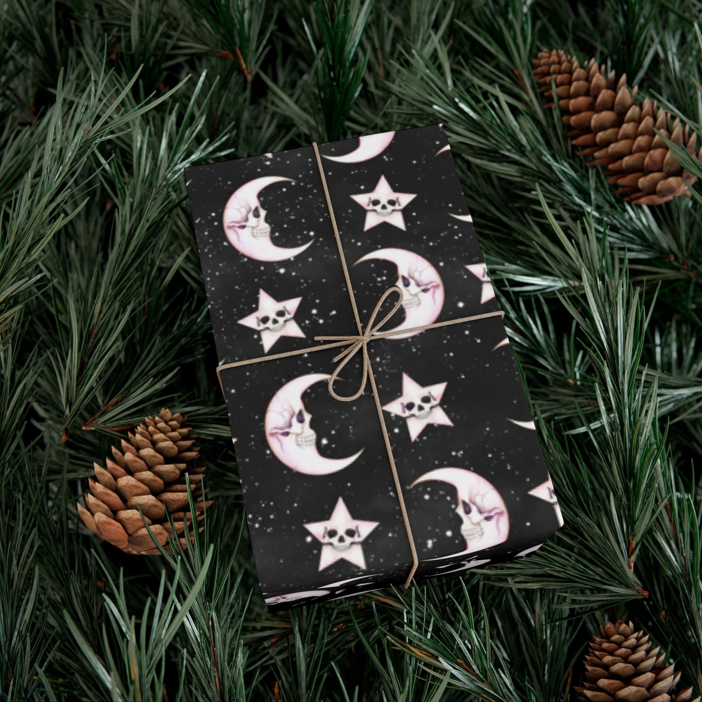 Goth Christmas Celestial Moon & Stars, Whimsical Kawaii Creepmas Black Eco-Friendly Gift Wrap