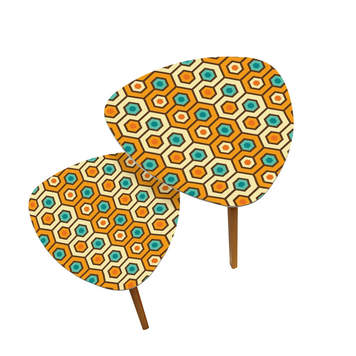 Retro 60s 70s Geometric Hexagon Mid Century Mod Orange & Teal Nesting Accent Tables