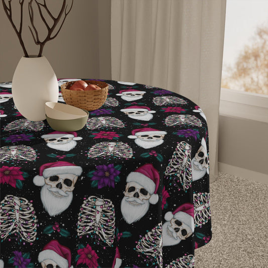 Santa Skull Goth Christmas, Kitschy Creepmas Black Whimsigoth Tablecloth | lovevisionkarma.com