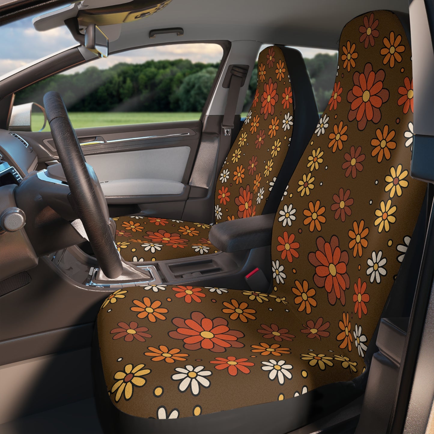 Retro 60s 70s Groovy Mod Daisy Floral Mid Century Brown & Orange Car Seat Covers