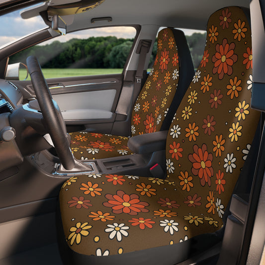 Retro 60s 70s Groovy Mod Daisy Floral Mid Century Brown & Orange Car Seat Covers