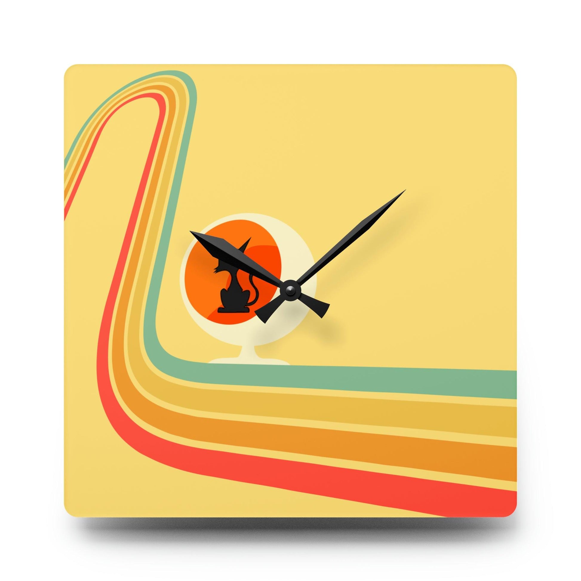 Retro Atomic Cat in Ball Chair, Yellow Mid Century Mod Acrylic Wall Clock | lovevisionkarma.com