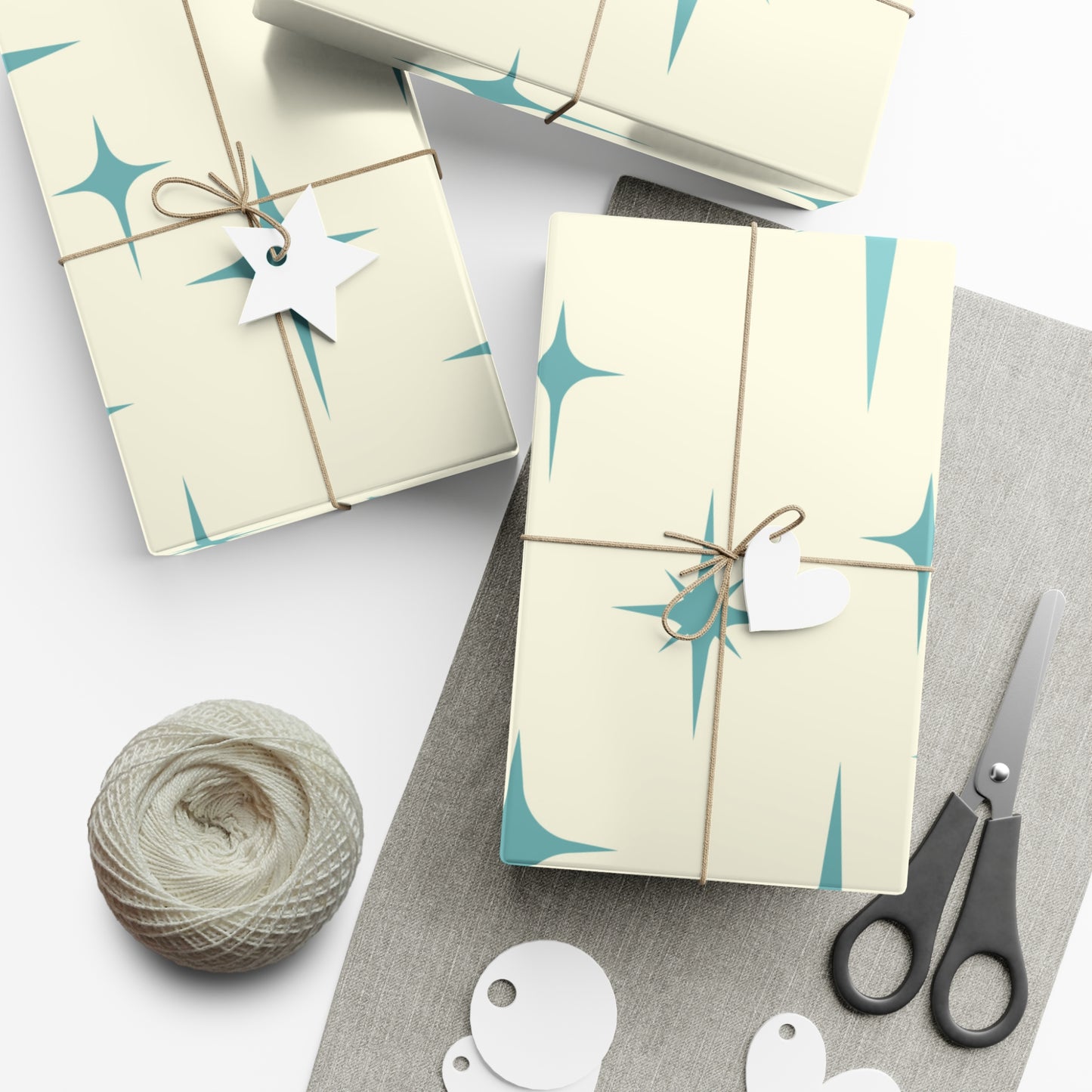 Large Starburst Version of Retro Atomic Starburst MCM Off-White & Blue Gift Wrapping Paper