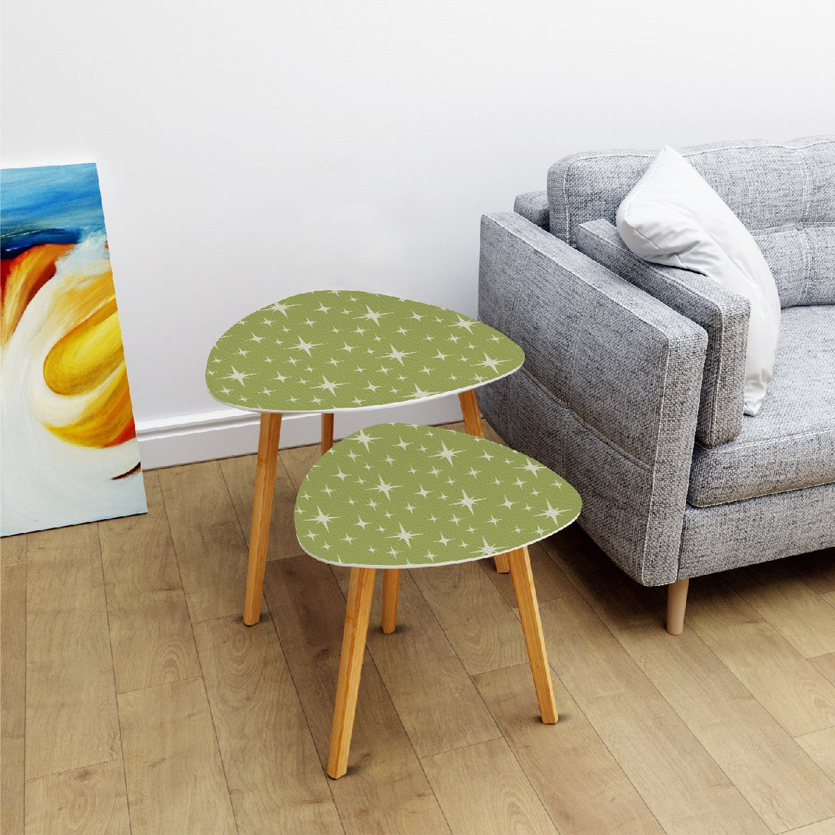 Retro 50s Atomic Starburst Mid Century Modern Chartreuse Green Nesting Accent Tables