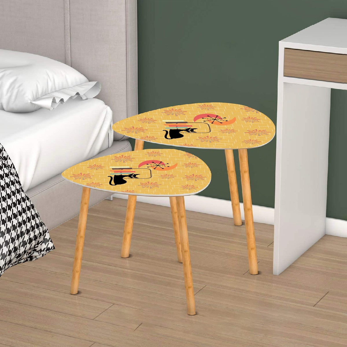 Retro Atomic Cat & 1950's Starbursts Mid Century Mod Yellow Nesting Tables