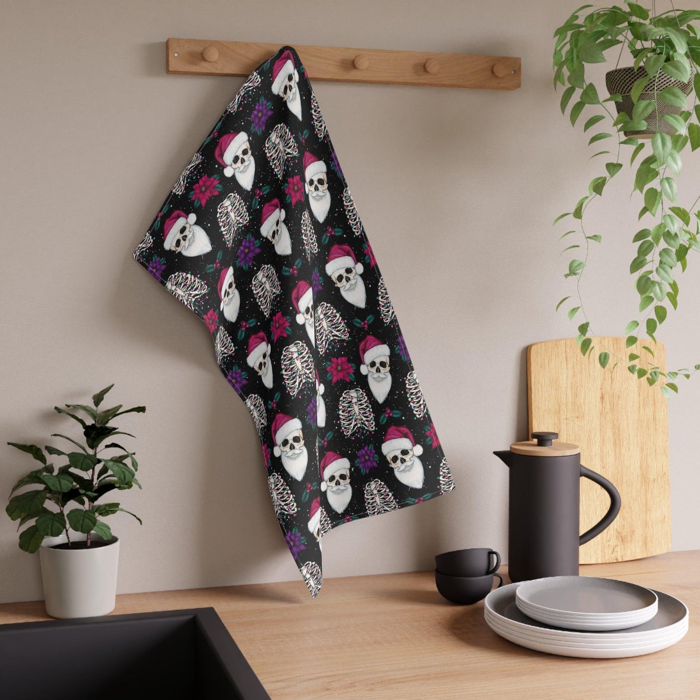 Skull Santa Goth Christmas, Creepy Scary Black Creepmas Holiday Kitchen Tea Towel | lovevisionkarma.com