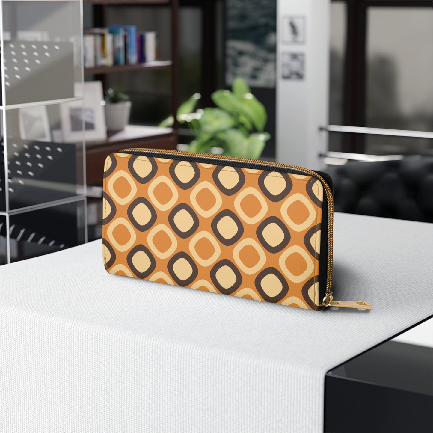 Retro 60s 70s Mod Squares MCM Orange, Brown Zipper Wallet