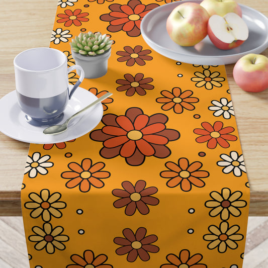 Retro 60s 70s Groovy Mod Daisy Mid Century Modern Brown, Orange & Mustard Table Runner