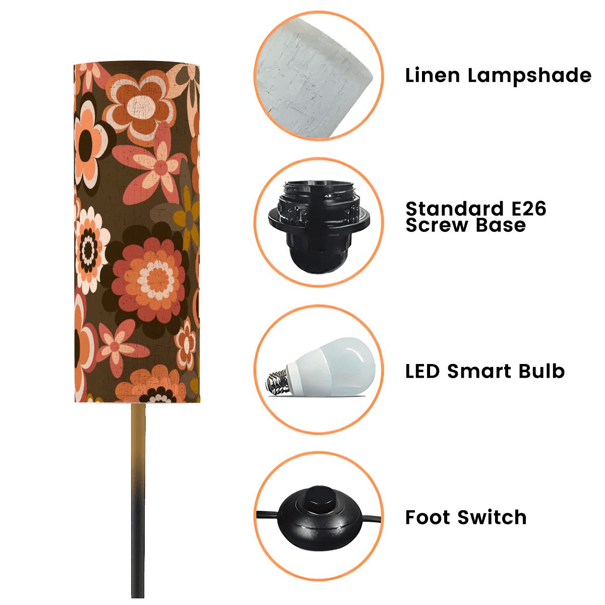 Retro 60s 70s Groovy Flowers Boho MCM Brown Floor Lamp
