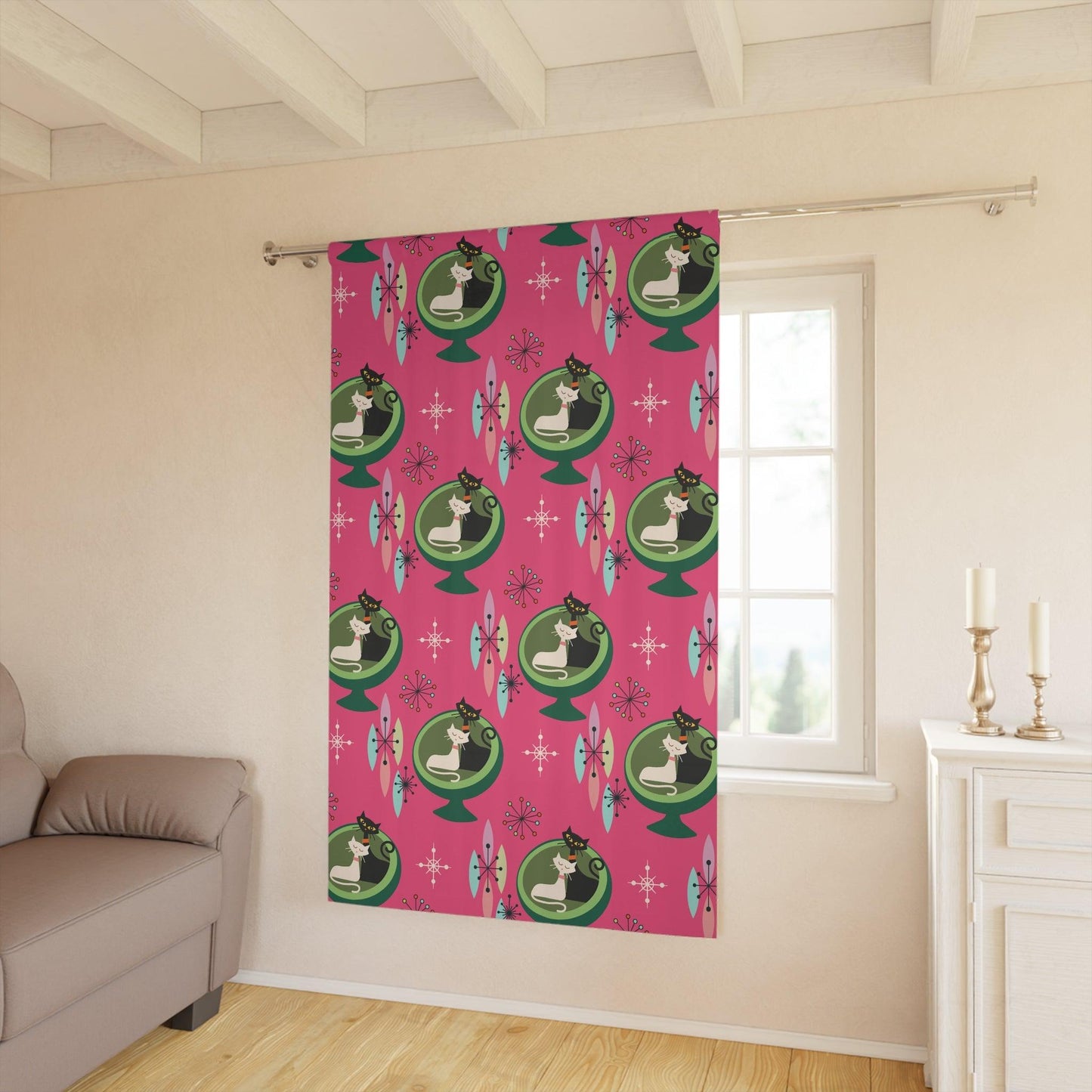 Retro 50s Cat Couple Ball Chair Pink & Green MCM Blackout Window Curtain | lovevisionkarma.com